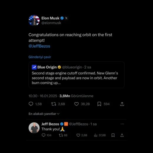 Elon Musk, Jeff Bezos'un Uzay Şirketi Blue Origin'in İlk Roket Fırlatmasını Tebrik Etti!